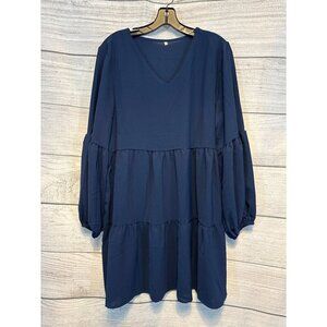 V-Neck Tiered Navy Blue Long Sleeve Dress Size L